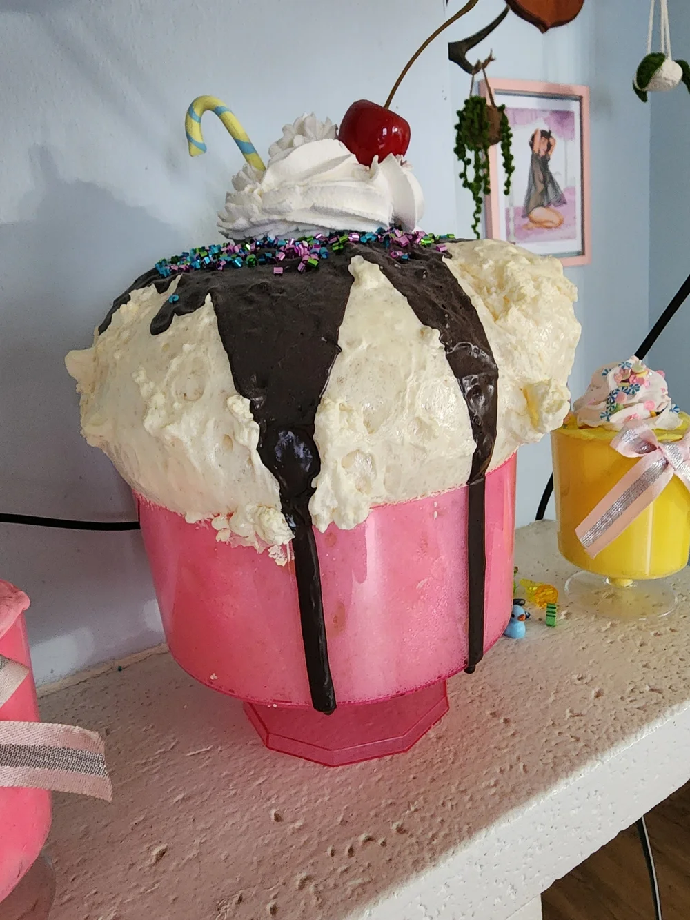 Pink Ice Cream Sundae Cake Topper with Cherry Accent